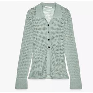 Zara Sz M Sage Green Open Knit Sheer Crochet Button Down Cardigan Sweater Top